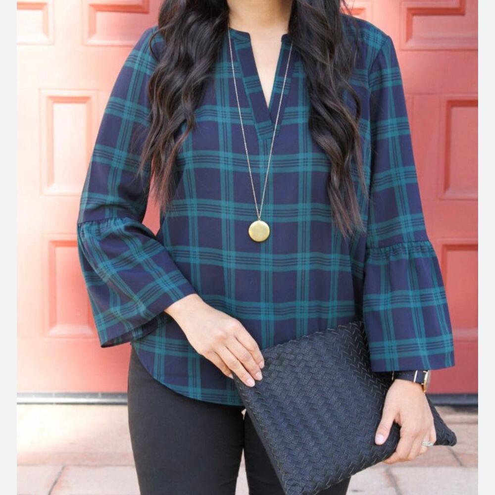 J Crew Women's Top Size XL Tartan Plaid Bell Sleeves Green Navy Holiday